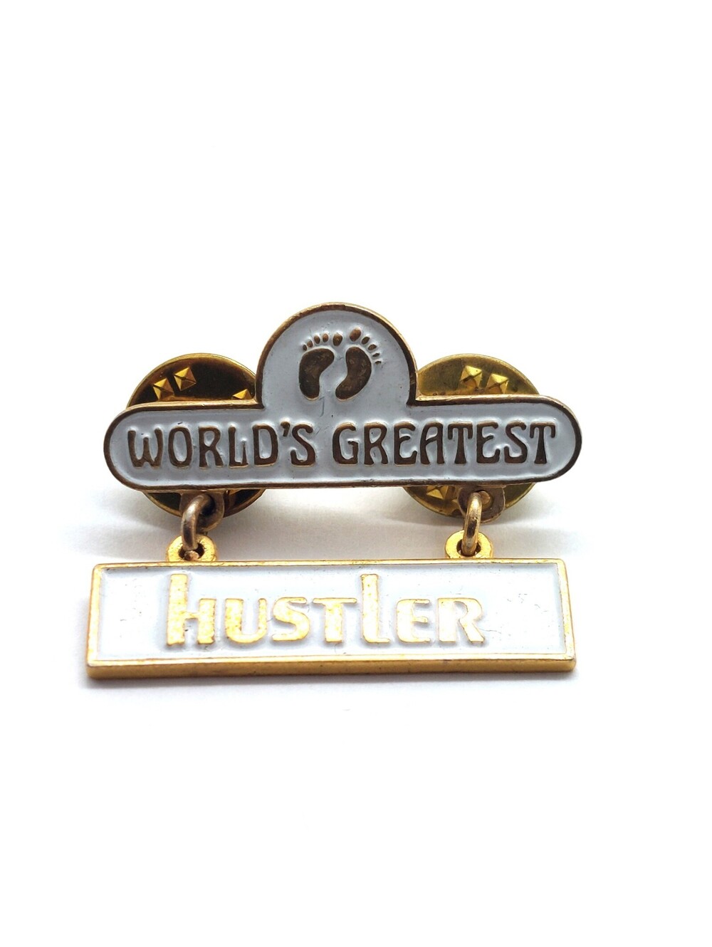 Worlds Greatest Hustler Pin White Enamel Funny Motivational Retro Humor Gift VTG
